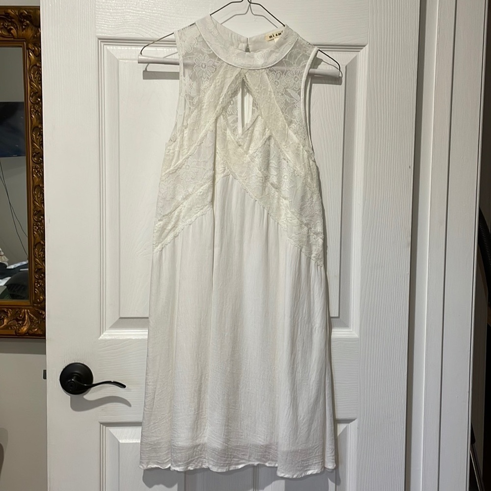 White, Lace high neck flowy dress. Keyhole front and back. WORN ONCE